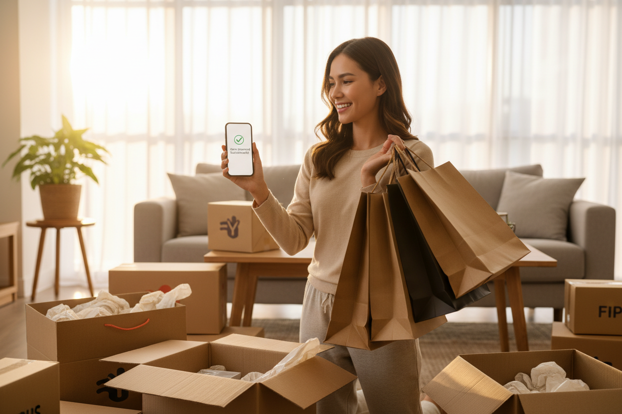 PERSONA QUE ESTE FELIZ CON SUS COMPRAS DE MANERA ONLINE QUE GENERE CONFIANZA Y SEGURIDAD EN LA PERSONA QUE VEA LA IAMGEN